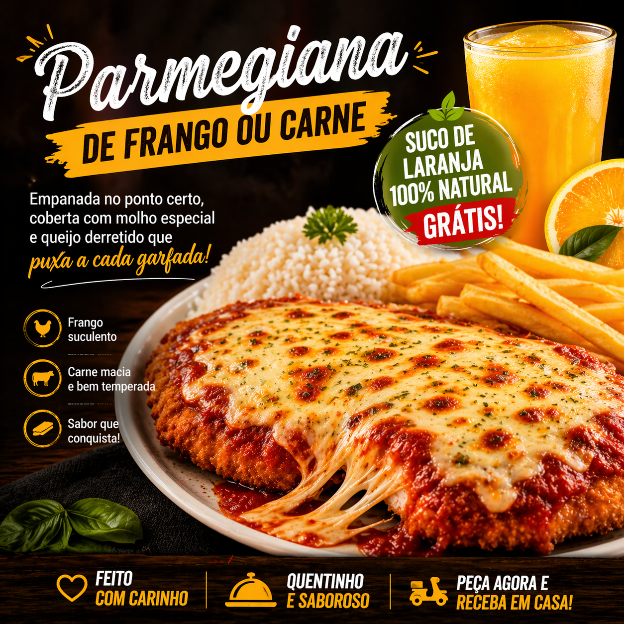 ESPECIAL DA SEMANA: PARMEGIANA DE FRANGO + SUCO NATURAL GRÁTIS