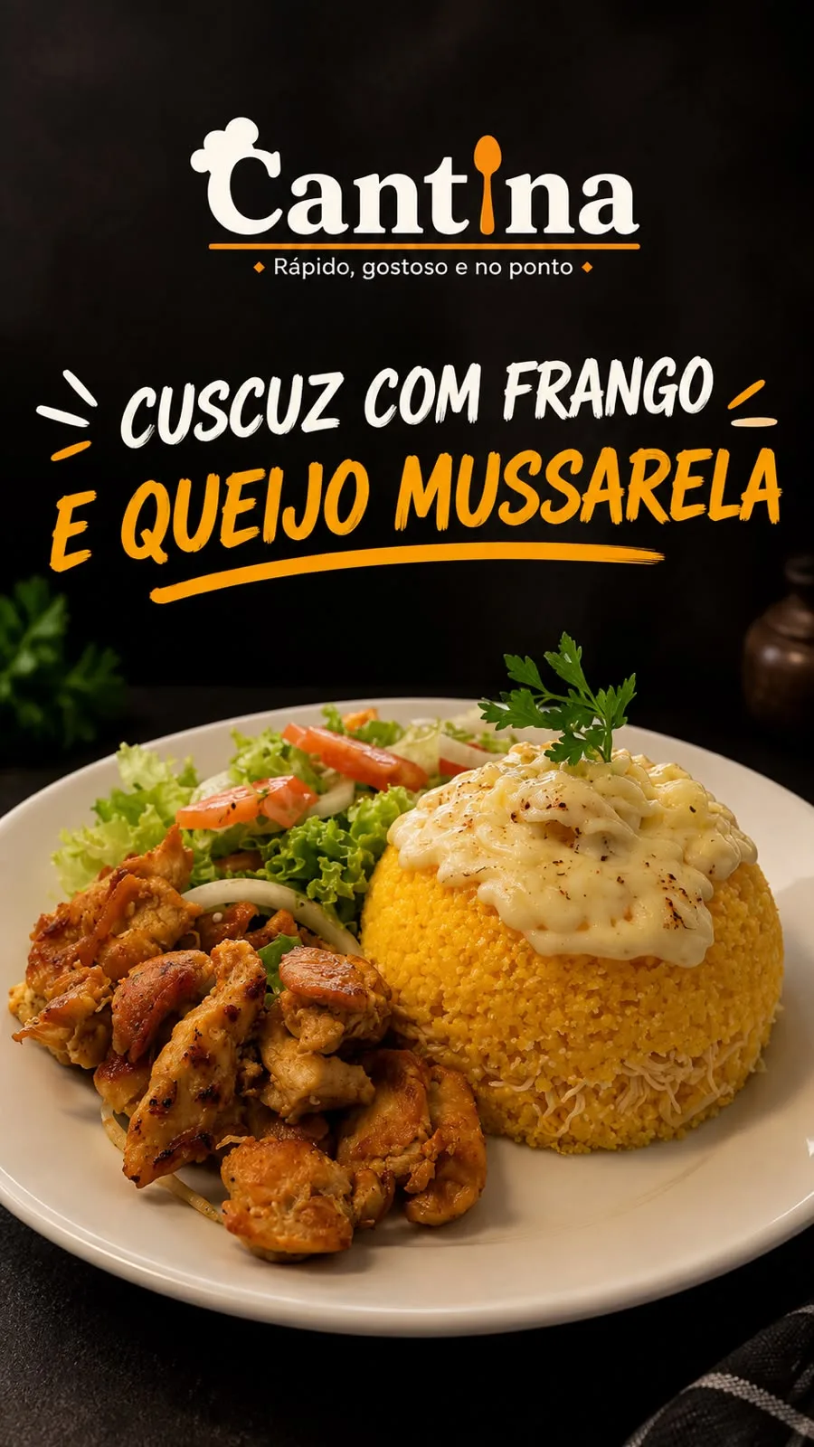 CUSCUZ RECHEADO COM FRANGO E QUEIJO MUSSARELA
